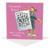 Crossword birthday card for her - designed by Erica Sturla & featuring an image of a female puzzler -  15cm square