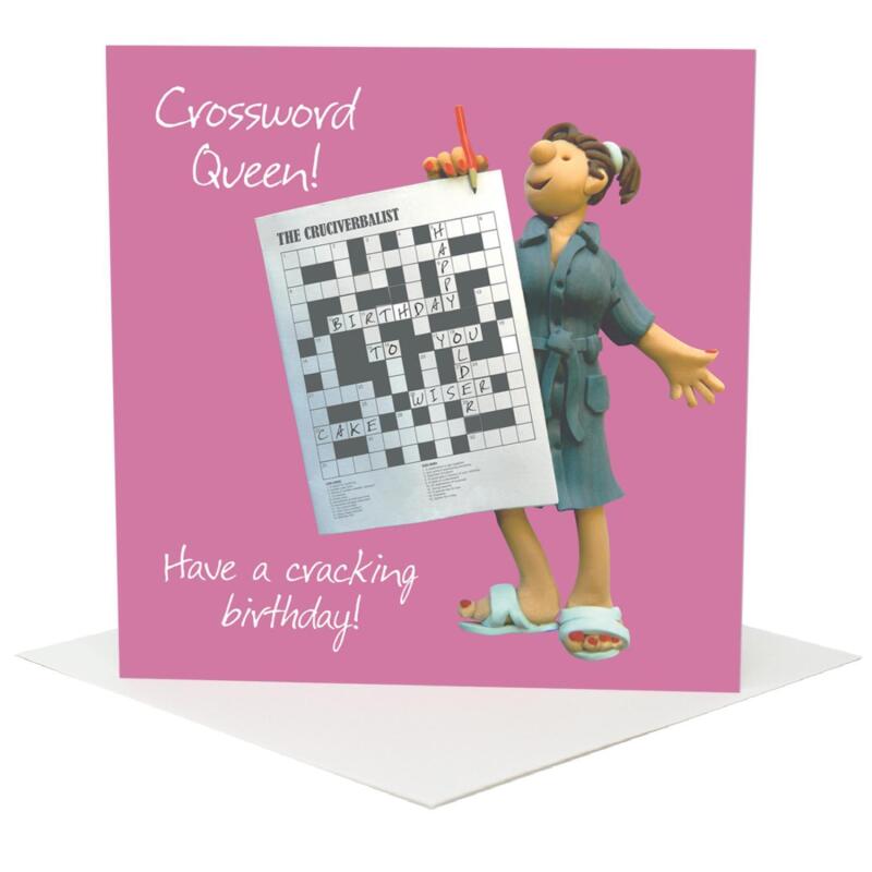 Crossword birthday card for her - designed by Erica Sturla & featuring an image of a female puzzler -  15cm square