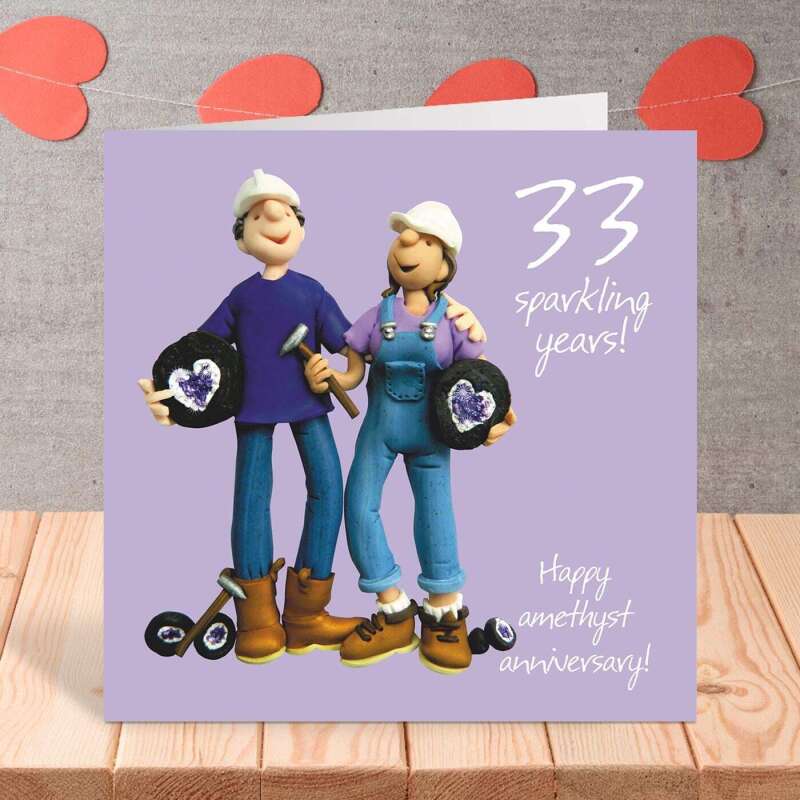 33rd Anniversary Card - Fun Amethyst Wedding Anniversary - Polymer Clay Art by Erica Sturla - Made in the UK