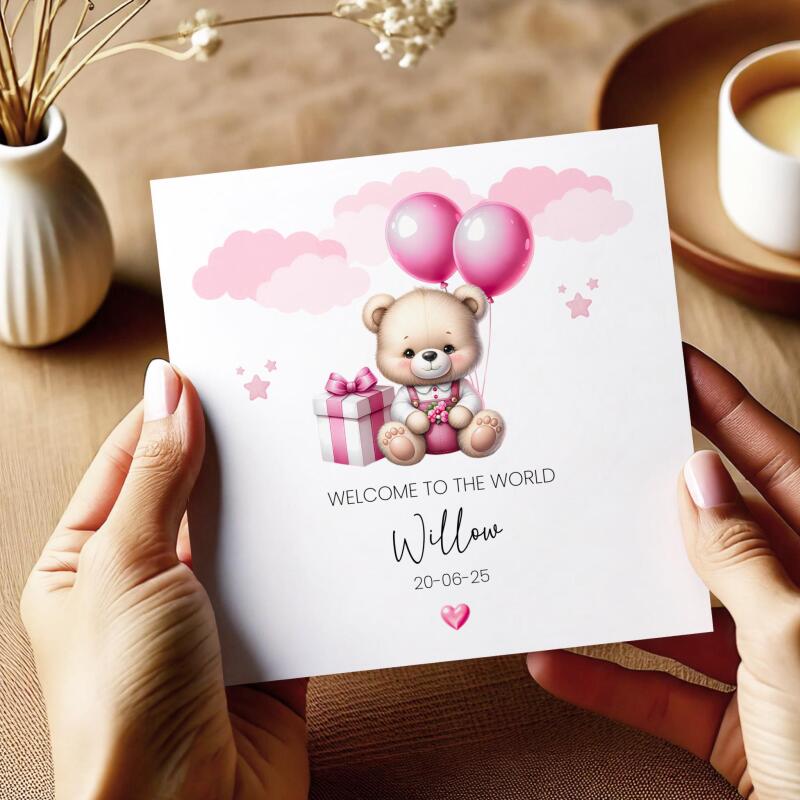 Personalised New Born Baby Girl Card Teddy Bear Birth Announcement &ndash; Pink Balloons Keepsake - Smooth No Message - Kraft Brown
