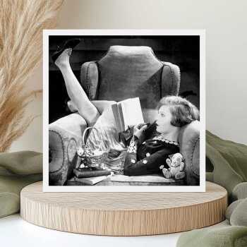 Big chair - vintage black and white themed card featuring a woman reading - 15cm square and blank inside - made in the UK