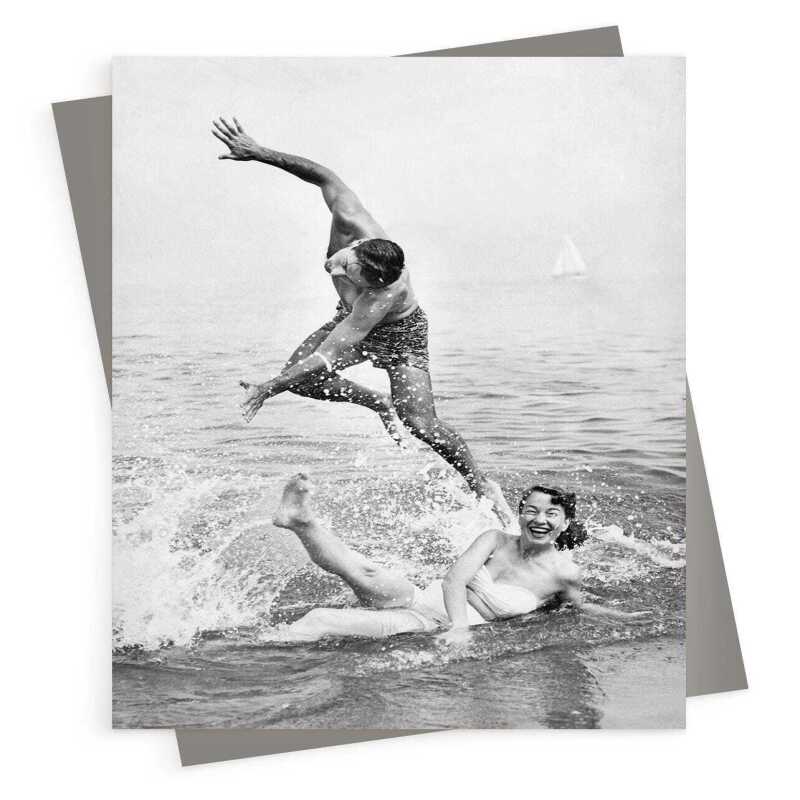 Splashing about - Black and white photographic vintage swimming themed card  - 12.6 x 17.7cm and blank inside, made in the UK