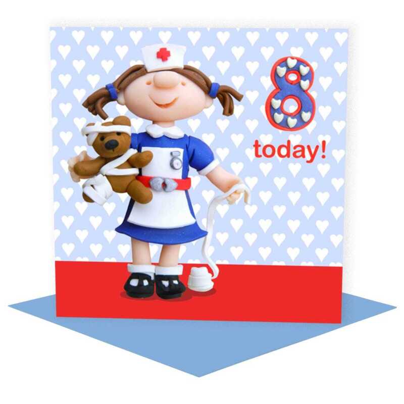 Birthday girl age 8 in a nurses outfit - child's age birthday - designed by Erica Sturla - 15cm square and blank inside, made in the UK