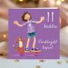 Welsh 11th Birthday Card for Girl - Penblwydd Hapus - Skateboard Cat Art Card by Erica Sturla - Welsh Language Card UK