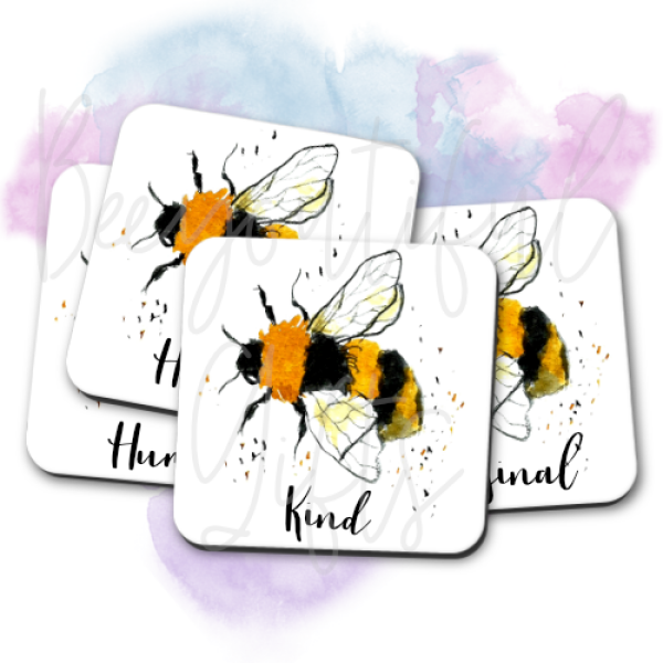 Set of 4 Watercolour Bee Themed High Gloss Square Coasters