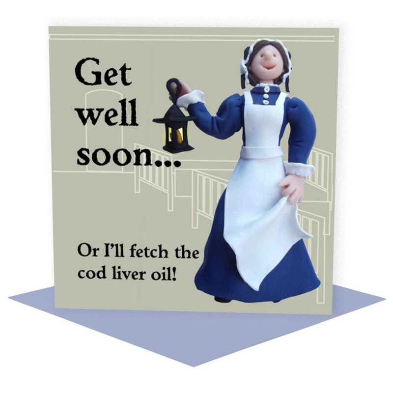Cod liver oil, funny Florence Nightingale get well soon card - designed by Erica Sturla - 15cm square and blank inside, made in the UK