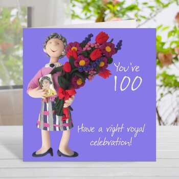 Right royal 100 birthday card for her - designed by Erica Sturla - 15cm square and blank inside, made in the UK