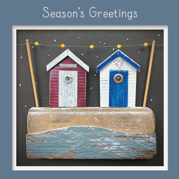 Holy Mackerel Cosy Corner & North Star coastal themed Christmas beach hut card by artist Seth Draper 15cm square with envelope. Blank inside for your message