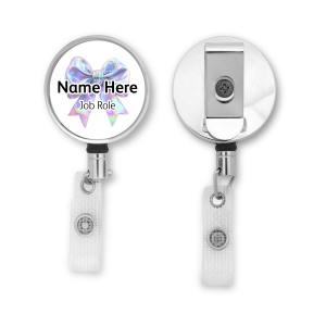 Personalised Metal ID Reel - Iridescent Coquette Bow Ribbon