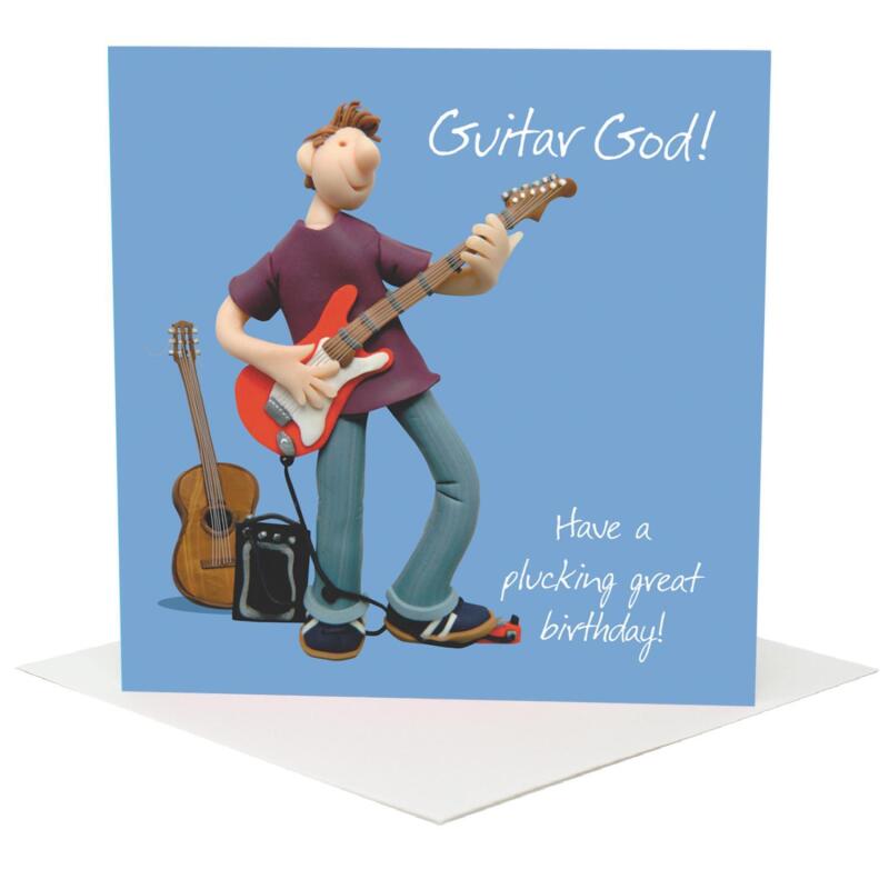 Funny guitar god birthday card for him - designed by Erica Sturla - 15cm square and blank inside, made in the UK