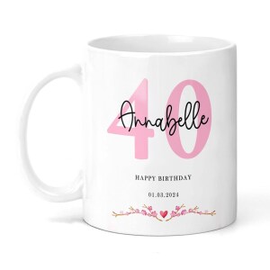 Personalised 40th Birthday Ceramic Mug - Pink Floral