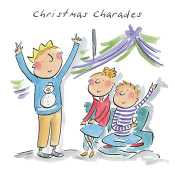 Christmas charades, a 150mm square festive Christmas greetings card featuring Rosie Brooks artwork, message inside reads Merry Christmas