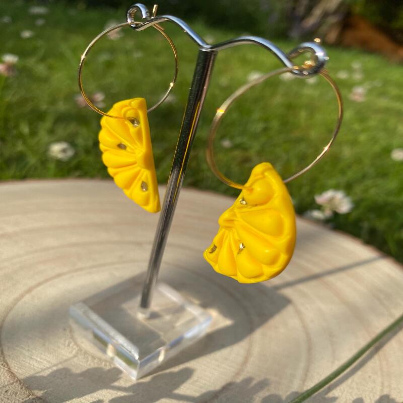 Polymer clay, Lemon Hoop Earrings: Gold Leaf Summer Jewelry - silver