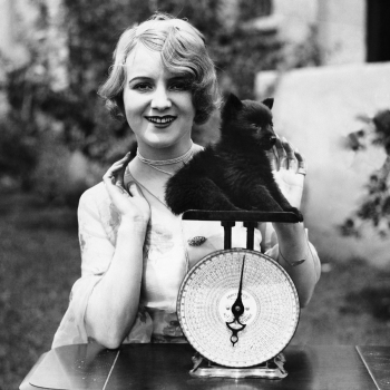 Holy Mackerel puppy weigh-in retro black and white photographic card featuring a vintage image of a cute little dog - 15cm square and blank inside