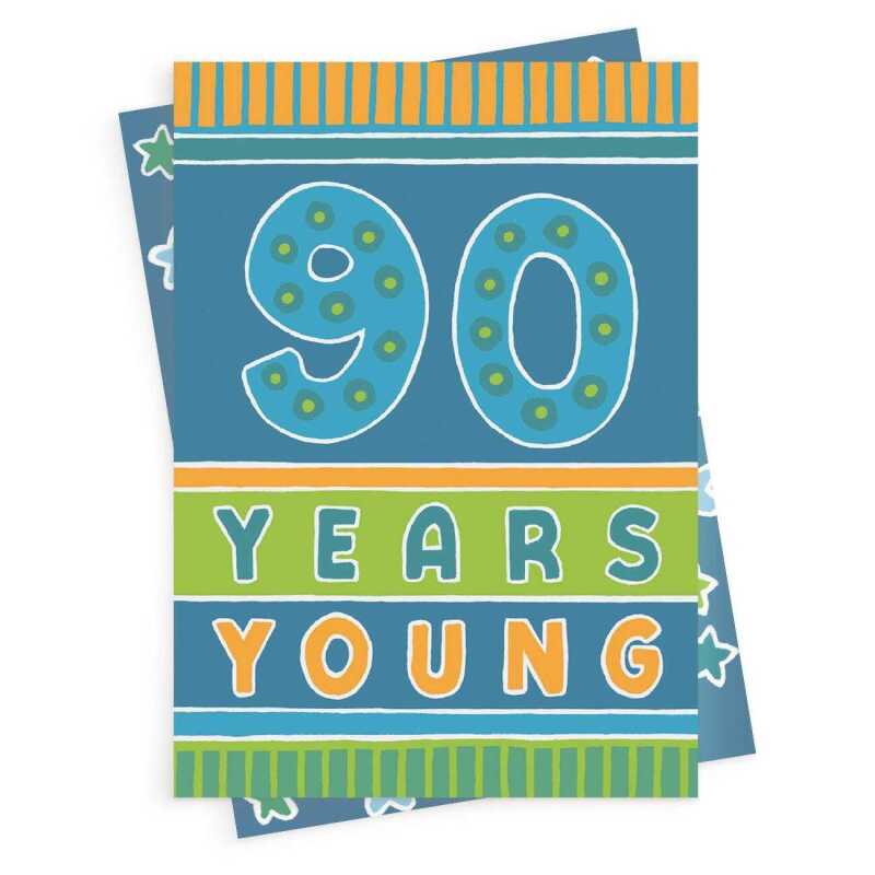 90 years young, a bright and fun 90th birthday card with a gorgeous printed envelope - 12 x 17cm and blank inside - made in the UK