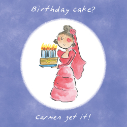 Holy Mackerel Carmen get it, an opera themed Rosie Brooks birthday greetings card, 150mm square, printed in the UK on board from sustainable sources