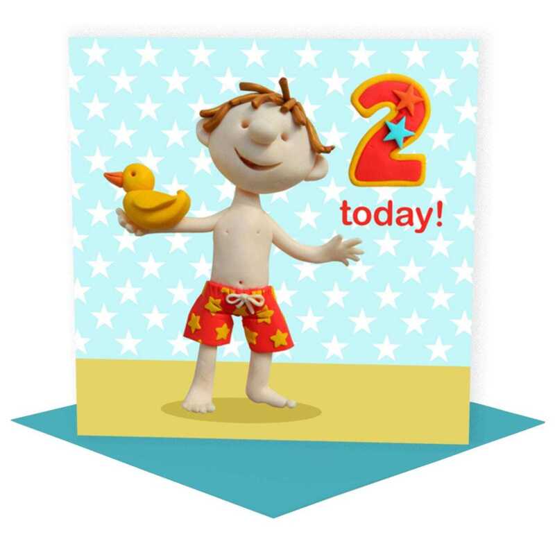 Birthday boy age 2 with duckie - child's age birthday - designed by Erica Sturla - 15cm square and blank inside, made in the UK