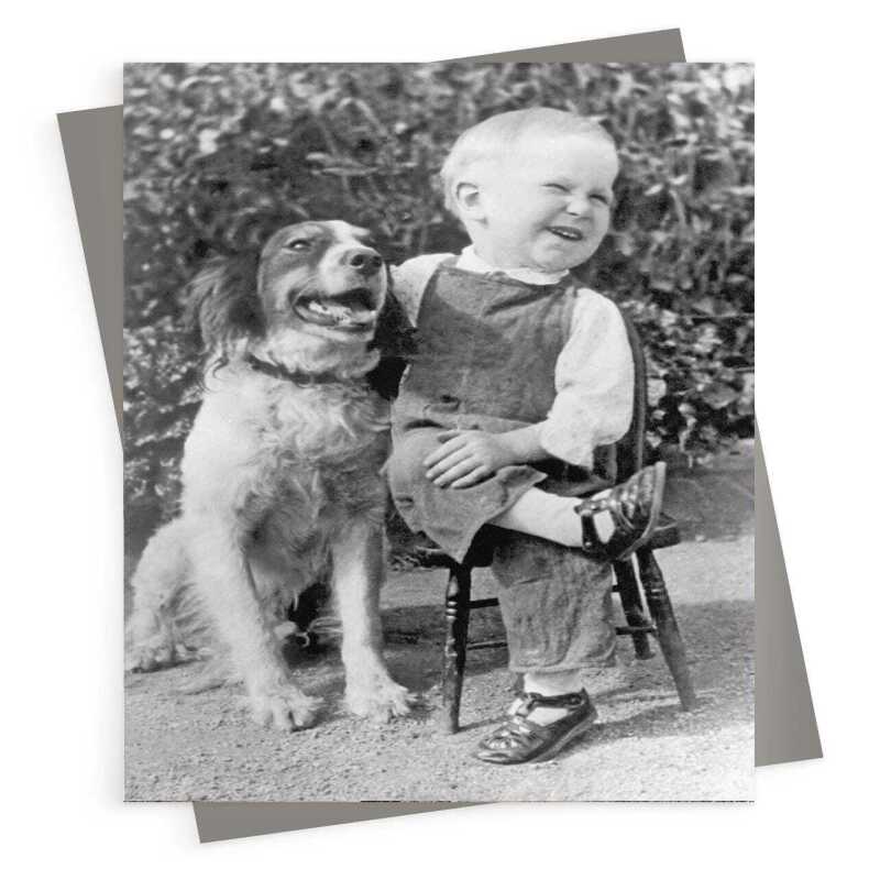 Sharing a joke with a pal, vintage photographic black and white card  - 12.6 x 17.7cm and blank inside - made in the UK