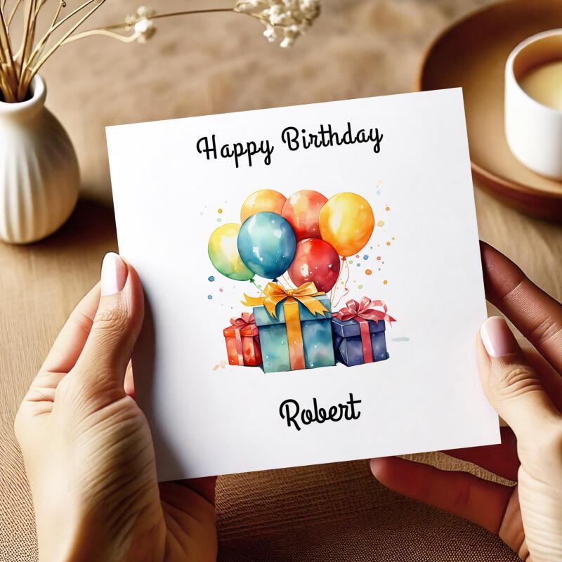 Personalised happy birthday card with balloons and gift boxes, custom name, vibrant colours - Smooth No Message - Kraft Brown