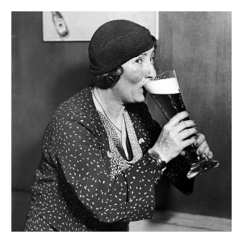 Holy Mackerel mines a large retro black and white photographic card featuring a vintage image of a woman enjoying a huge glass of beer - 15cm square and blank inside
