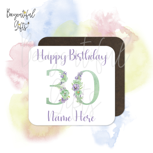 Personalised Milestone Birthday Coaster - Violet & Mint Floral Numeral - 30