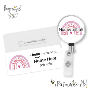 #hello my name is... Name Badge & Metal ID Reel - Pink Boho Rainbow