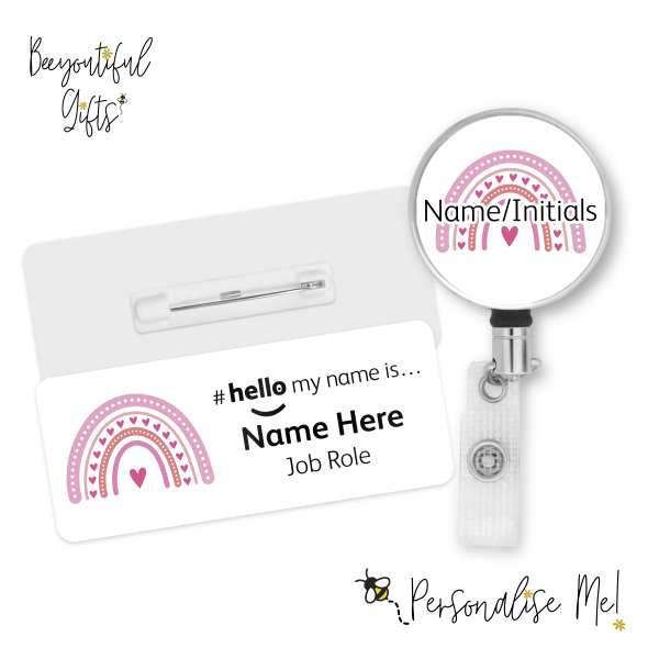 #hello my name is... Name Badge & Metal ID Reel - Pink Boho Rainbow