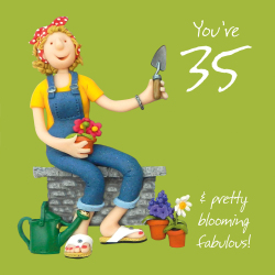 Holy Mackerel pretty blooming fabulous female 35th birthday card for her - designed by artist Erica Sturla - 15cm square and blank inside for your message - made in the UK