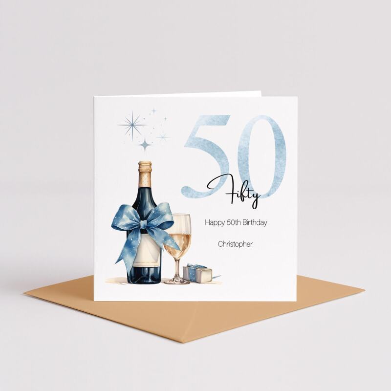 Personalised 50th Birthday Card for Him Blue Champagne Gift Box Milestone Mens - Smooth No Message - Kraft Brown