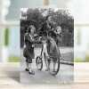 Girls on a penny farthing - vintage black and white themed card - 12.6 x 17.7cm and blank inside - made in the UK