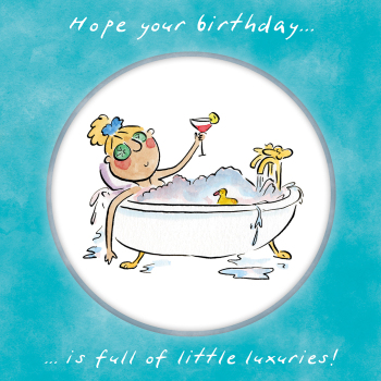 Holy Mackerel Little luxuries, a pampering themed Rosie Brooks birthday card, 15cm square, printed in the UK on board from sustainable sources