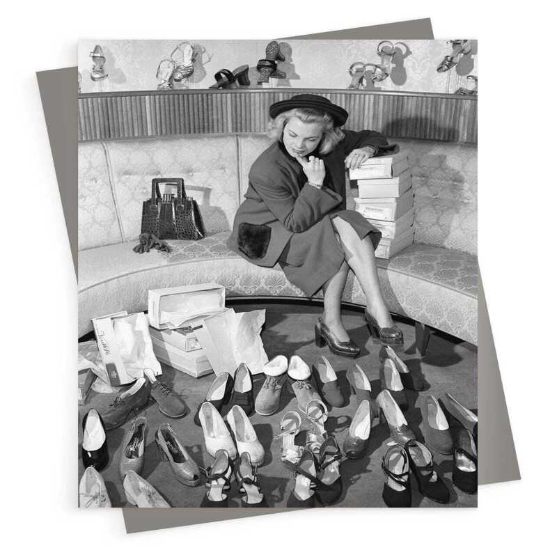 Choosing shoes - vintage black and white themed card - 12.6 x 17.7cm and blank inside - made in the UK