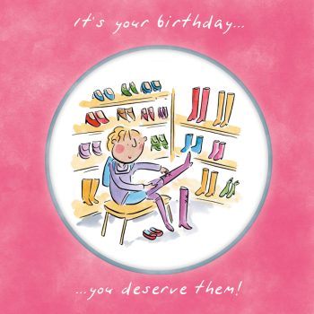 Holy Mackerel Birthday boots, a 15cm square shoe themed birthday card featuring Rosie Brooks artwork, blank inside for your message