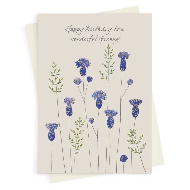 Thistles granny birthday card -  designed by Eloise Hall for Holy Mackerel - 15.7 x 11cm and blank inside, made in the UK