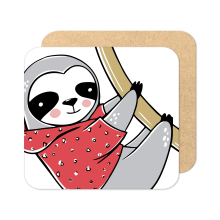 Christmas Coaster - Cartoon Swinging Winter Sloth - Standard Wooden Coaster