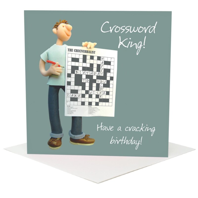 Crossword birthday card for him - designed by Erica Sturla and featuring a crossworder with his puzzle - 15cm square