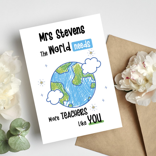 Teacher Card - The Best Teacher In The World Card - Small (Approx. A6 | 105mm x 148mm | 4.1in x 5.8in) - Standard Smooth Card