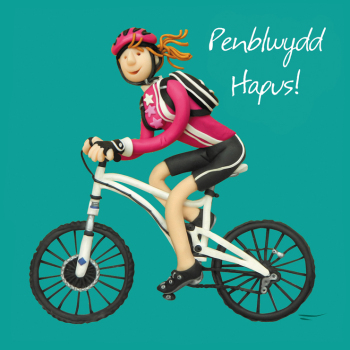 Holy Mackerel Penblwydd Hapus cycling, Welsh female cycling themed birthday card by Erica Sturla, 15cm square and blank inside