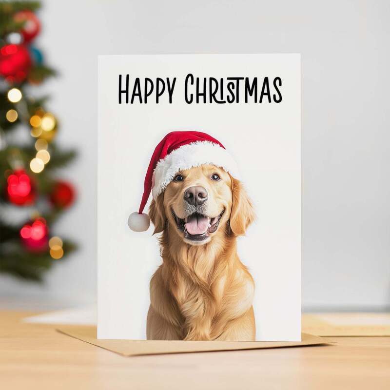 5 x Fun Christmas Card of a Golden Labrador Dog Wearing A Santa Hat Whimsical Christmas Card For Animal Lover For Him or Her - Small (4x6) / Pack of 5