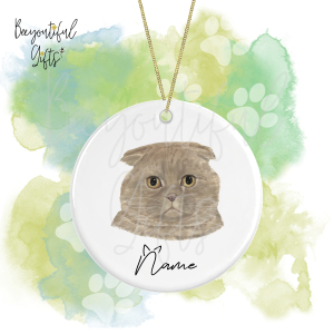 Personalised Watercolour Cat Face Round Ceramic Hanging Decoration - Scottish Fold - Face 4
