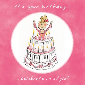 Keyboard cake, a 150mm square music themed birthday card featuring Rosie Brooks artwork, blank inside for your message