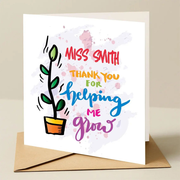 Personalised Thank You Teacher Card - Thank You For Helping Me Grow - Standard Smooth Card