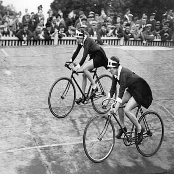 Holy Mackerel Lyon's race retro black and white photographic card featuring a vintage image of teahouse girls on their bikes - 12.6 x 17.7cm and blank inside