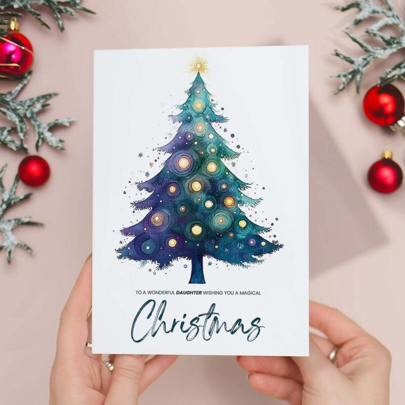 Daughter Christmas Card, Watercolour Christmas Tree Design, For Her, Christmas Card - Portrait (5x7) / Blank Inside