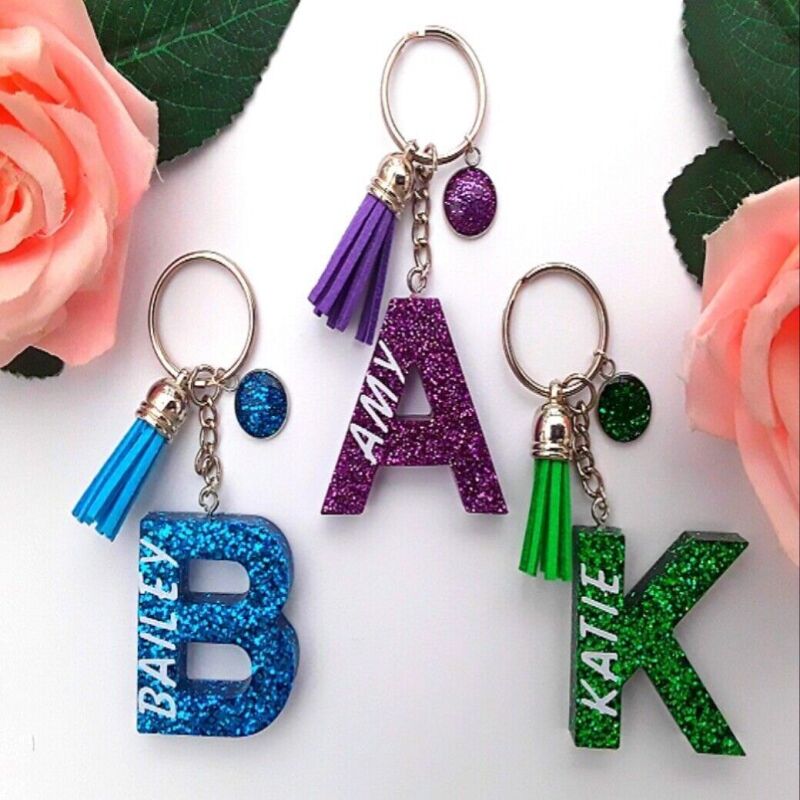 ANY INITIAL Personalised Glitter Resin Letter Keyring,Initial Keyring Gift - No organza bag