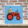 Chugging along male farmer birthday card for him - designed by Erica Sturla for Holy Mackerel - 15cm square and blank inside, made in the UK