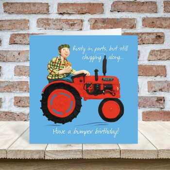 Chugging along male farmer birthday card for him - designed by Erica Sturla for Holy Mackerel - 15cm square and blank inside, made in the UK