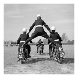 Holy Mackerel motorbike stunt retro black and white photographic card featuring a vintage image of a human pyramid on bikes - 15cm square and blank inside