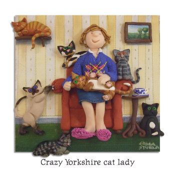 Holy Mackerel Crazy Yorkshire cat lady greetings card, designed by Erica Sturla Card is 150mm square and blank inside.