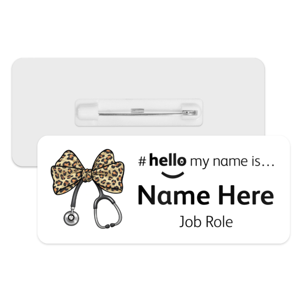 #hello my name is... Name Badge - Leopard Coquette Bow Ribbon